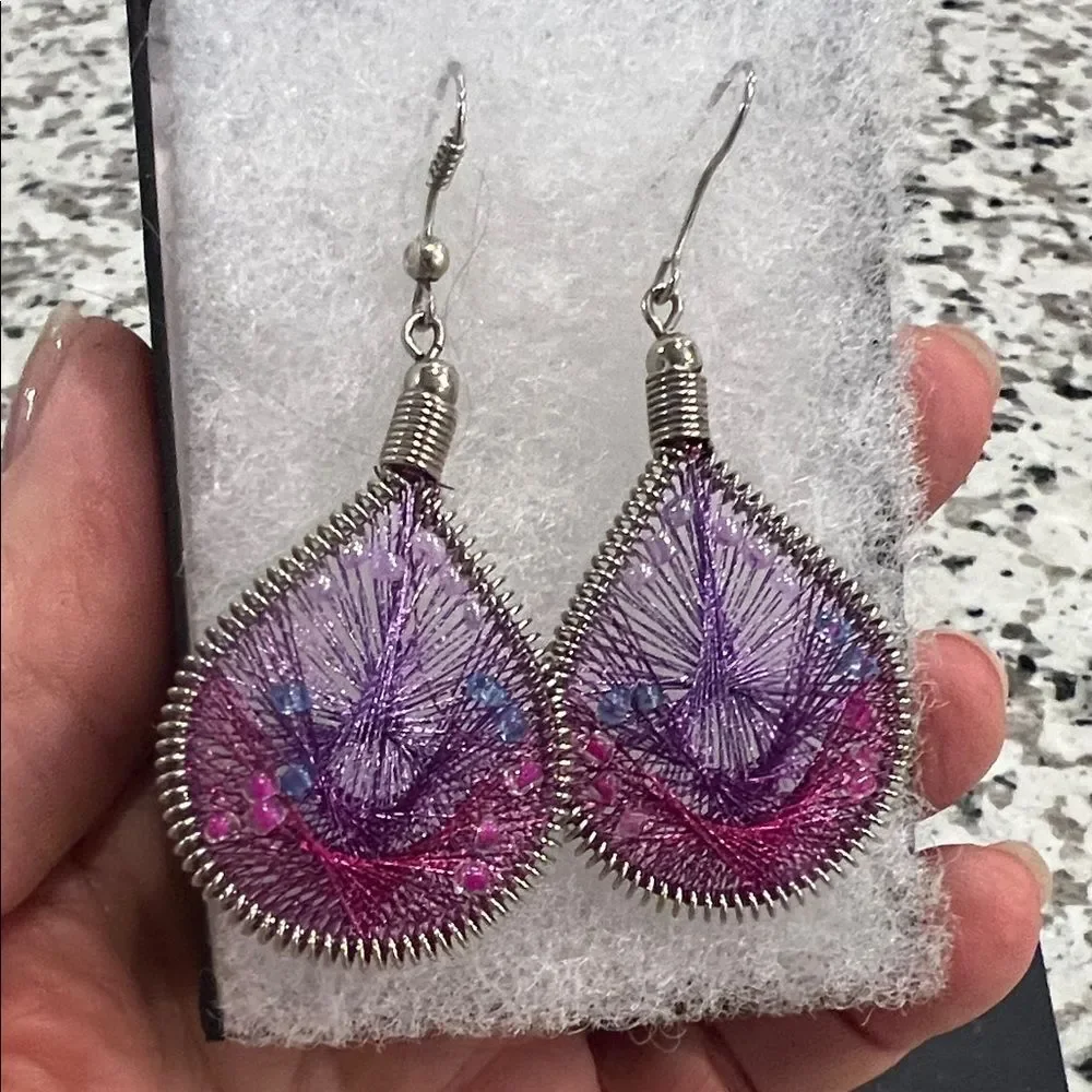 Handmade Silver Wire and Purple and Pink Thread Teardrop Earrings